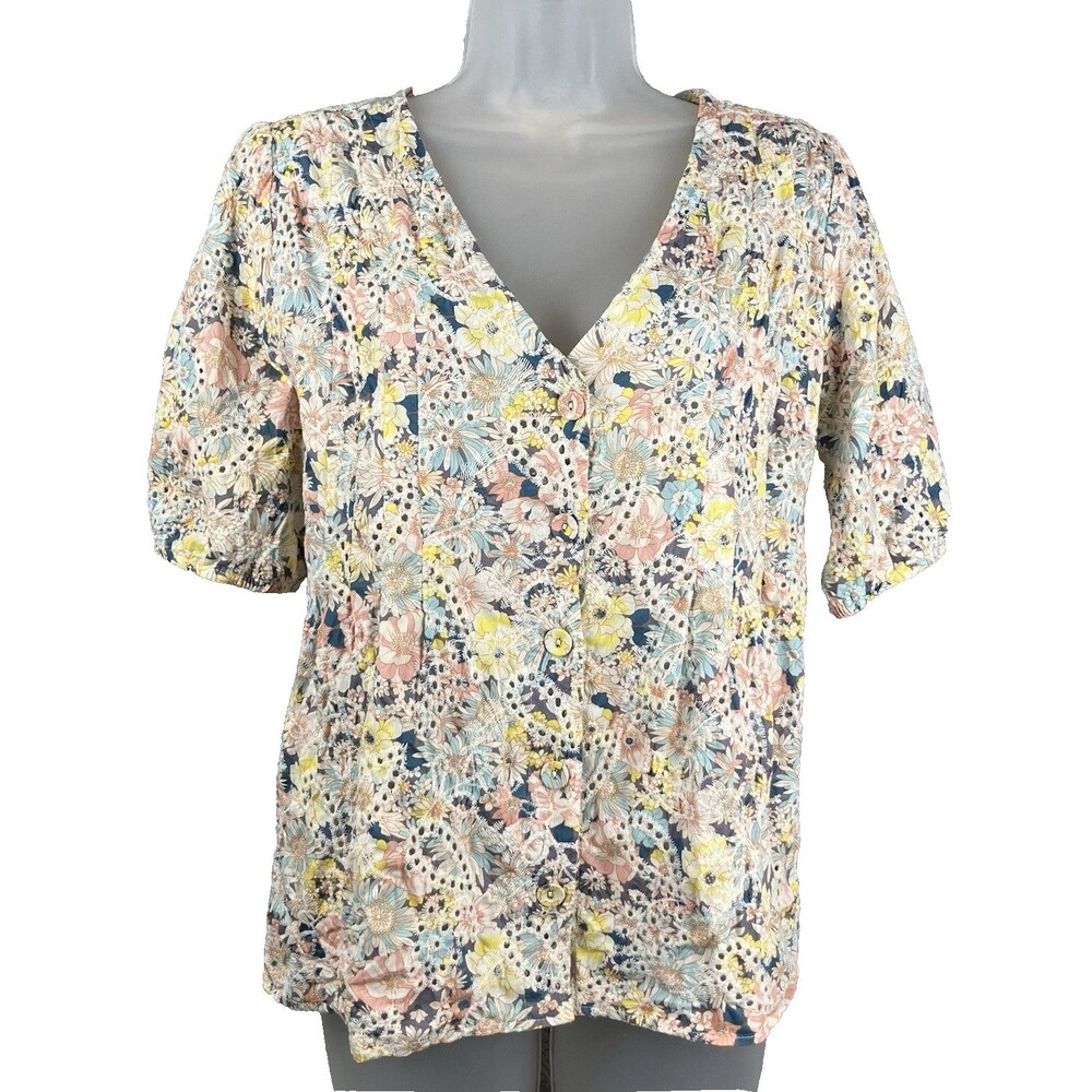 Solitaire Pastel Floral Blouse Women's L Eyelet Embroidery Cottagecore Peasant